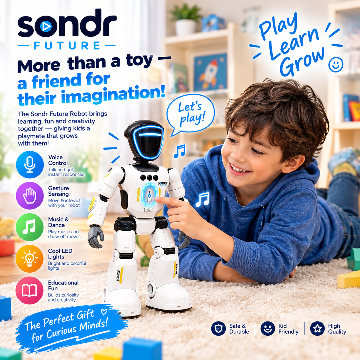 Robot toy with lights and movement playing with a child